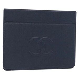 CHANEL iPad Case Grained Calf Skin Navy CC Auth BA8862